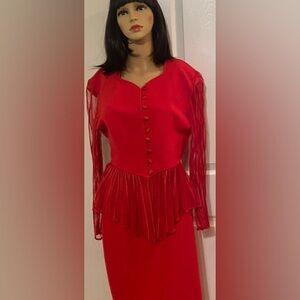 Stunning Red  Button-Up Dress with Sheer Sleeves